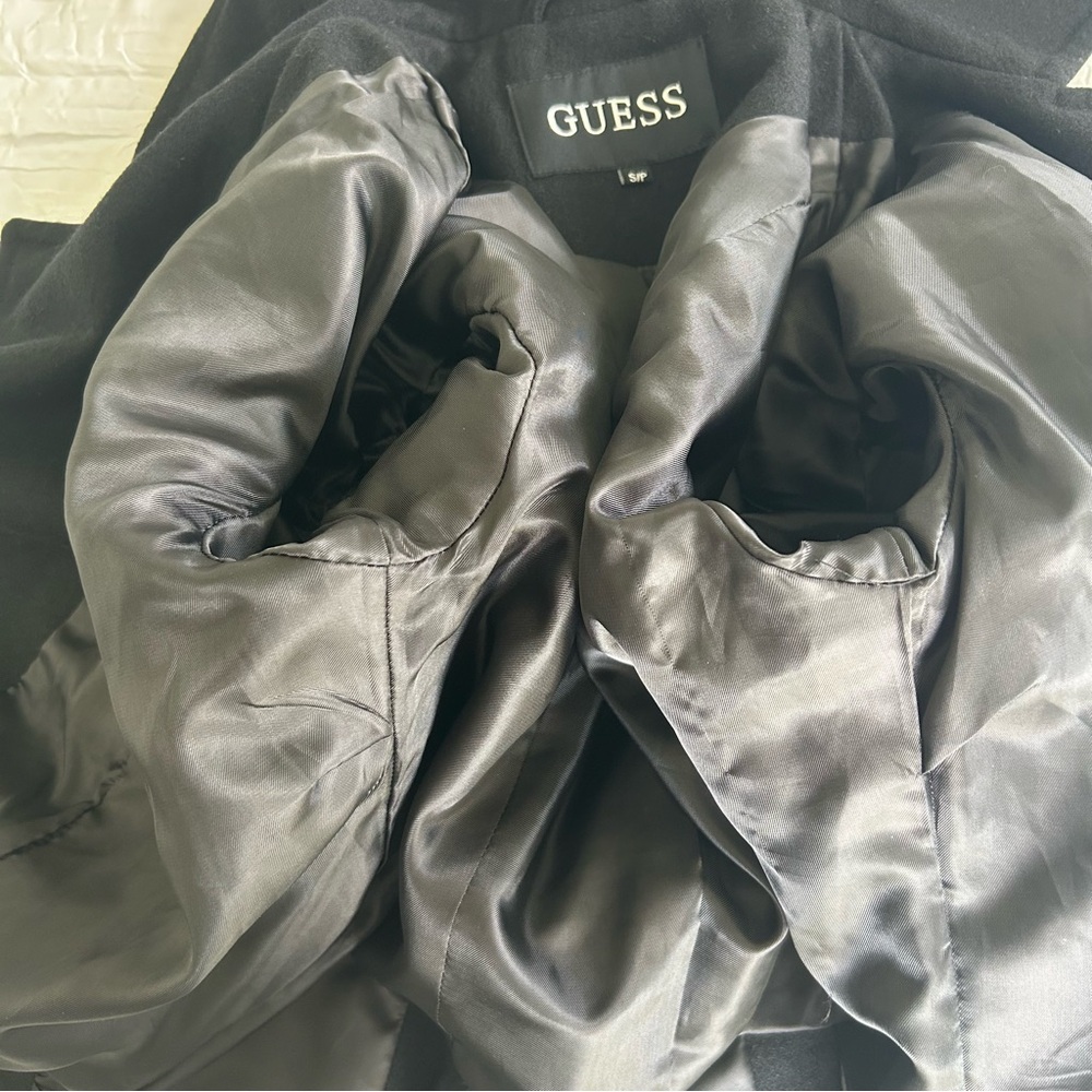 GUESS Women’s Dbl Breasted Pea Coat Black Wool Blend Cropped Belt 3/4 Sleeve S/P - Picture 10 of 14